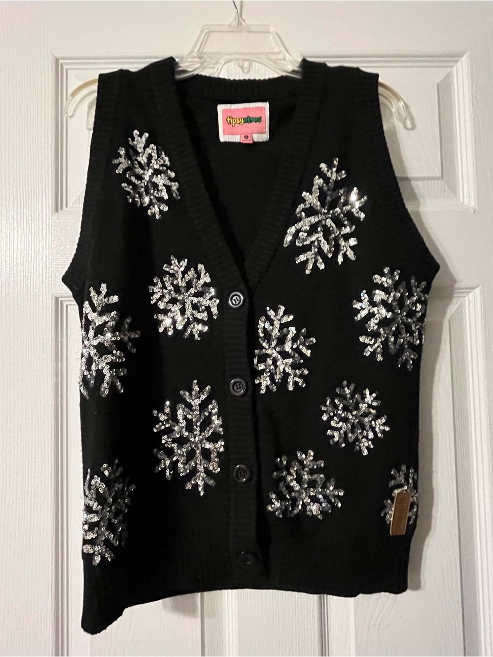 Black Sequin Snowflake Button-Front Sweater Vest - Tipsy Elves medium